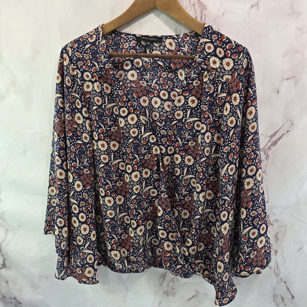 Anthropologie Shirt Womens Medium Red Floral Blouse Blue Boho Flared Sanctuary